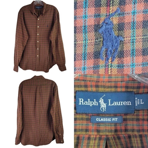 Polo Ralph Lauren Men's Large Brown Plaid Long Sleeve Button Down Shirt - Picture 1 of 8